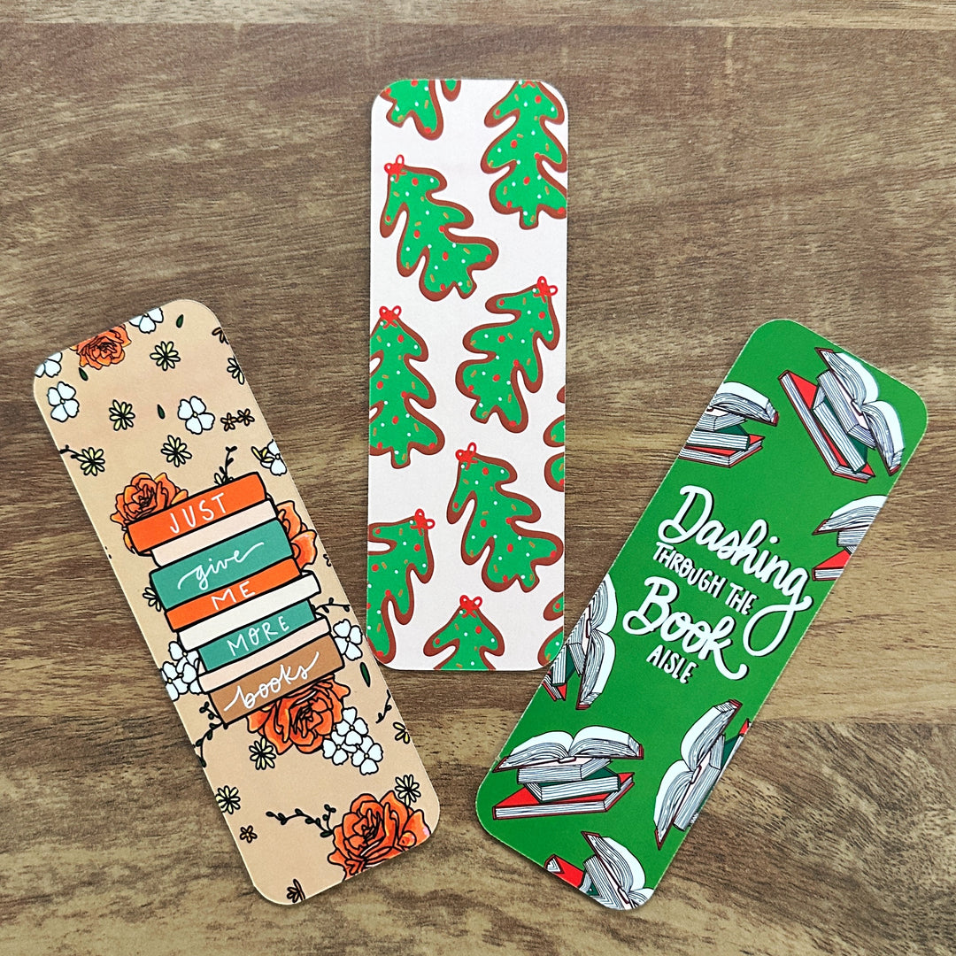 3 holiday bookmarks, Just give me more books fall themes bookmark, christmas cookies bookmark, dashing through the book aisle christmas themed bookmark